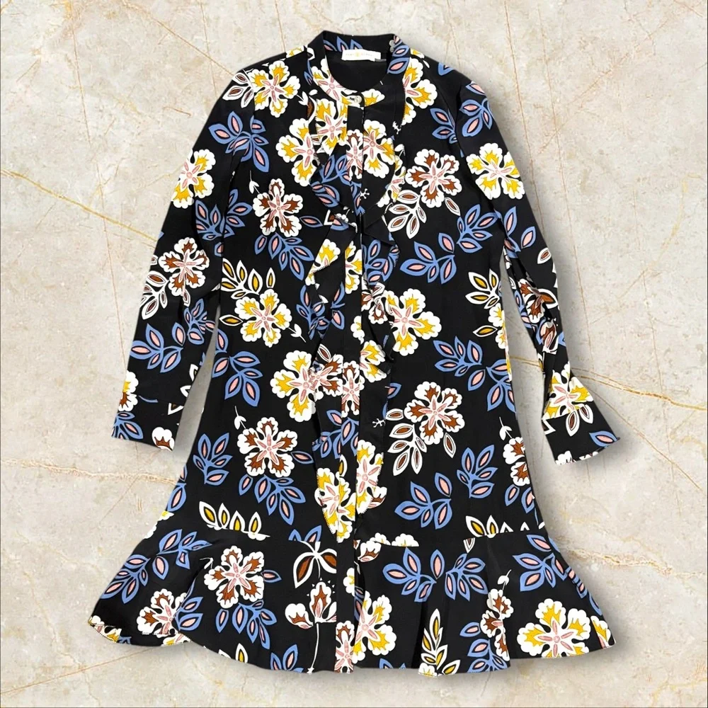 Tory Burch Jane Floral Silk Shirt Dress Black hopewell Print Size 6‎